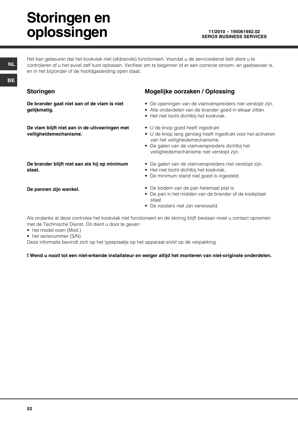 Storingen en oplossingen | Hotpoint Ariston PH 941MS (IX)-HA User Manual | Page 52 / 52