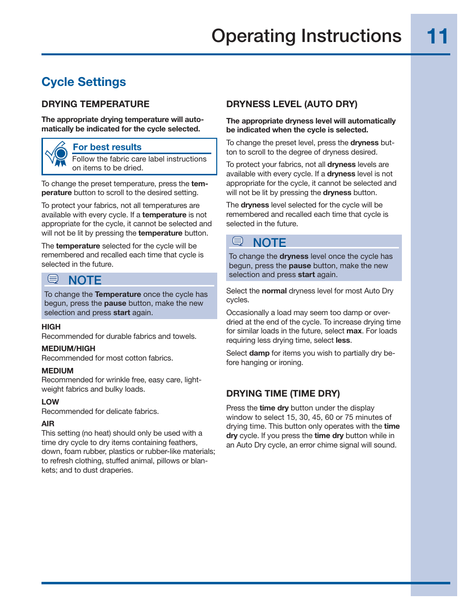 Operating instructions, Cycle settings | Electrolux EIGD50LIW User Manual | Page 11 / 18