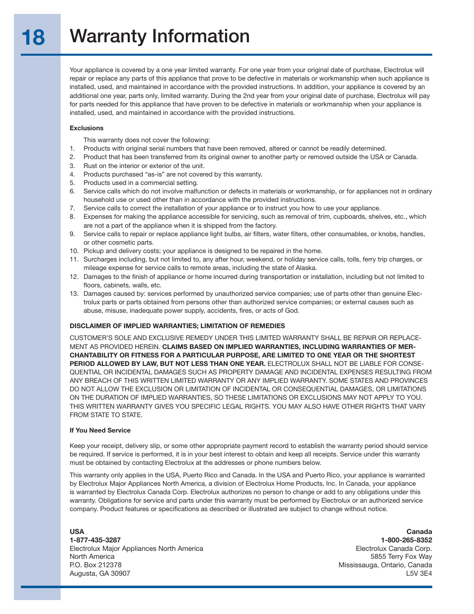 Warranty information | Electrolux EIGD50LIW User Manual | Page 18 / 18