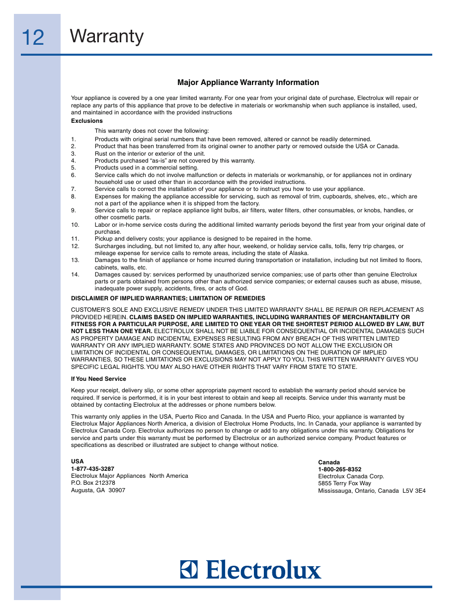 Warranty | Electrolux EI15TC65HS User Manual | Page 12 / 12