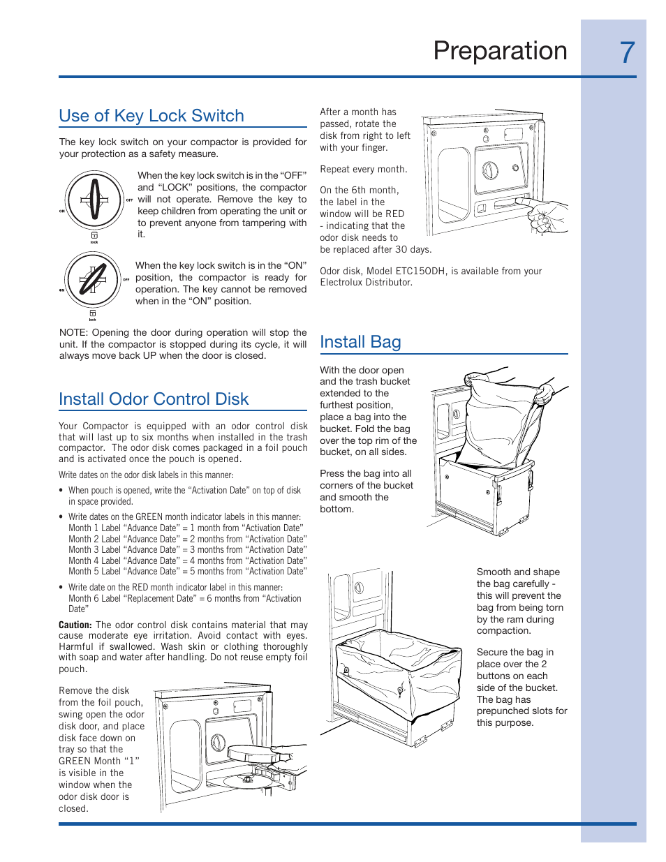 Preparation, Use of key lock switch install odor control disk, Install bag | Electrolux EI15TC65HS User Manual | Page 7 / 12