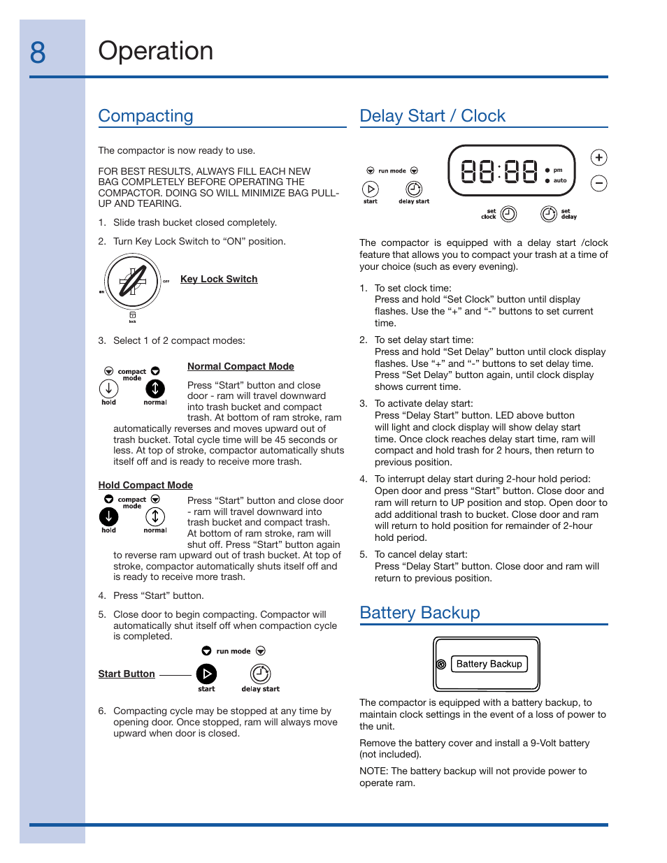 Operation, Compacting delay start / clock battery backup | Electrolux EI15TC65HS User Manual | Page 8 / 12