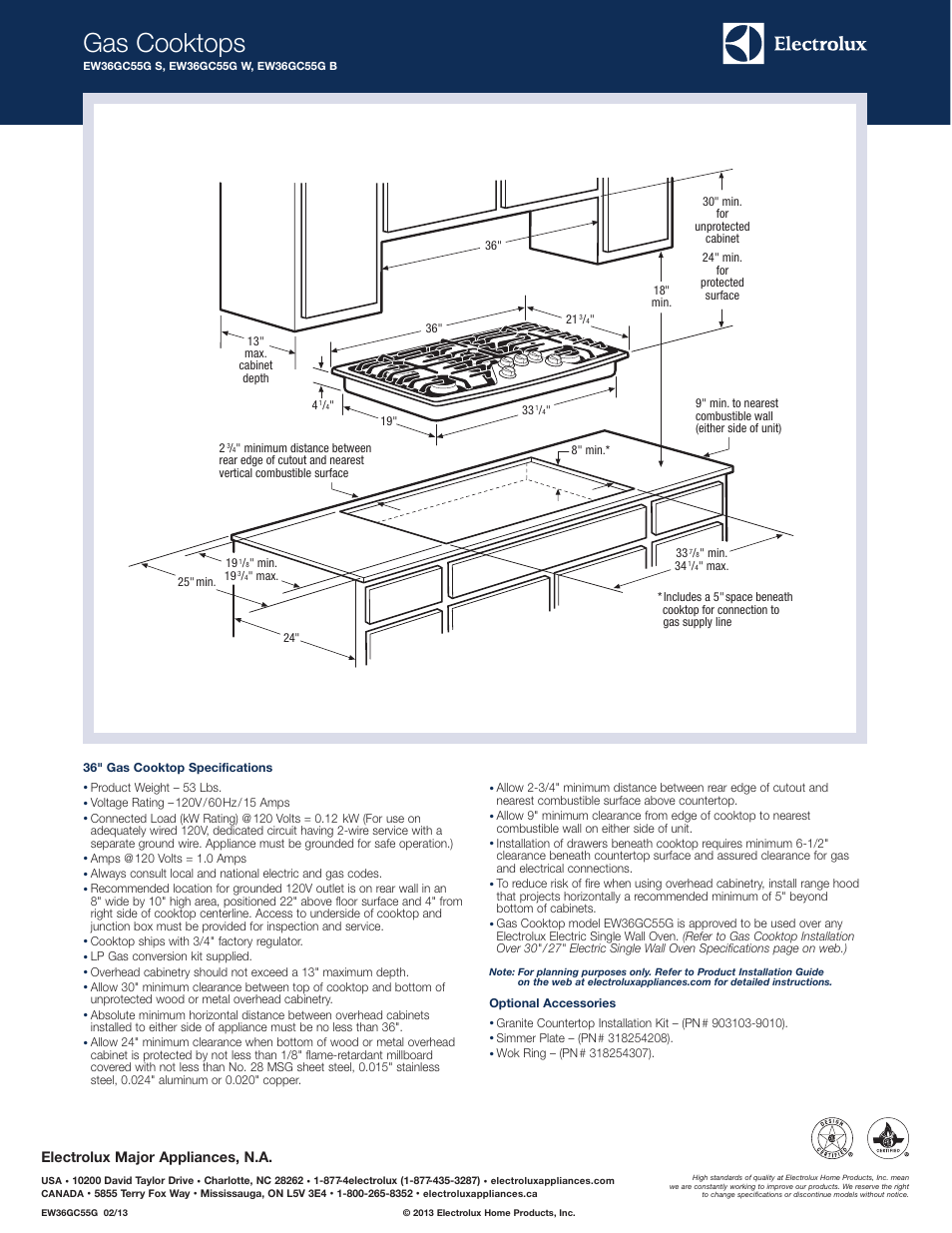 Gas cooktops, Electrolux major appliances, n.a | Electrolux EW36GC55GW User Manual | Page 2 / 4