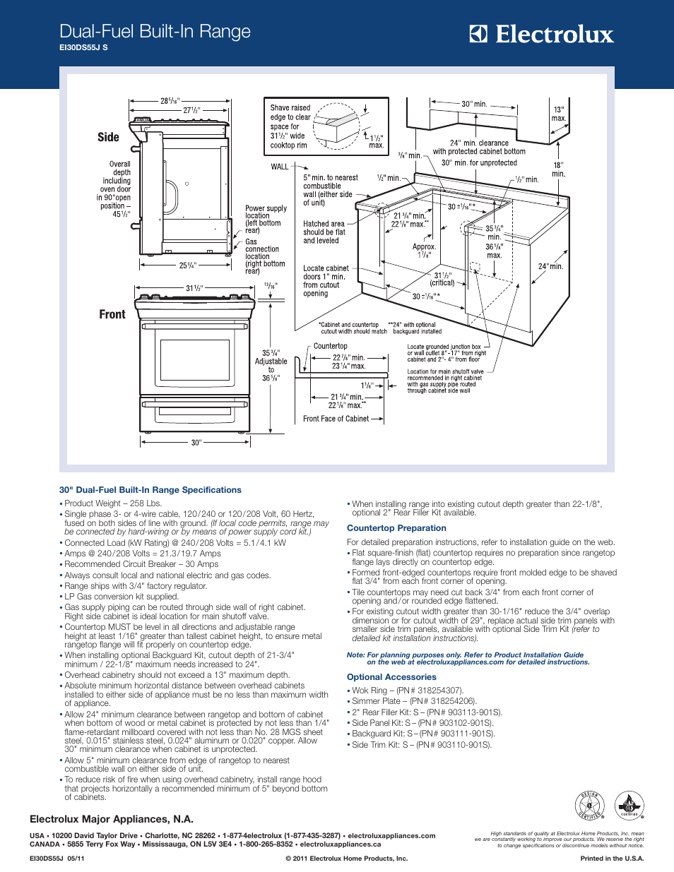 Dual-fuel built-in range, Electrolux major appliances, n.a | Electrolux EI30DS55JS User Manual | Page 2 / 2