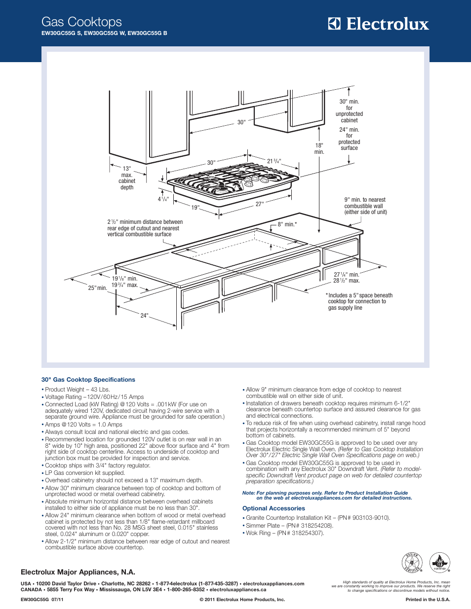 Gas cooktops, Electrolux major appliances, n.a | Electrolux EW30GC55GB User Manual | Page 2 / 4