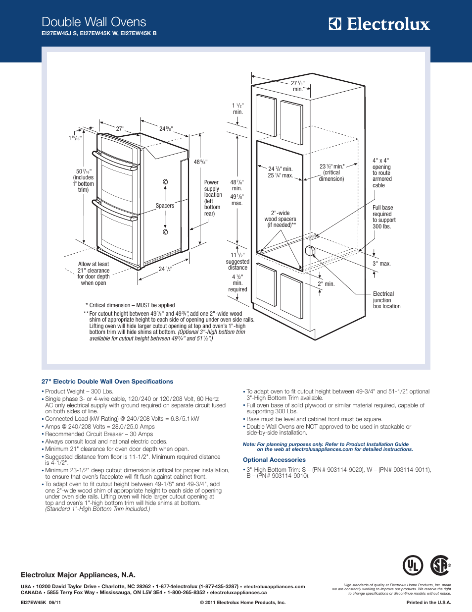 Double wall ovens, Electrolux major appliances, n.a | Electrolux EI27EW45KW User Manual | Page 2 / 4