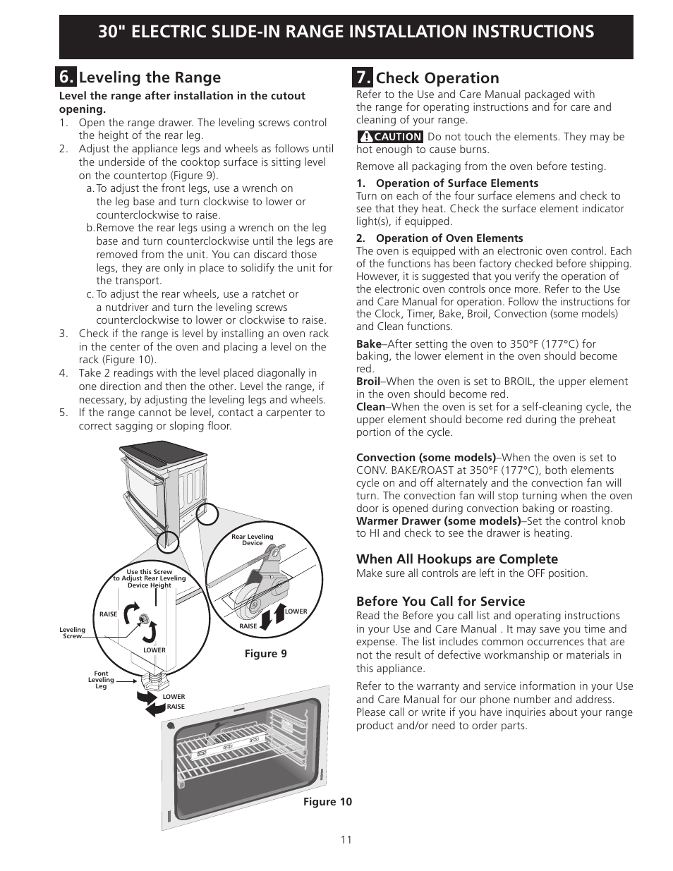 Check operation, Leveling the range, When all hookups are complete | Before you call for service | Electrolux EI30ES55LW User Manual | Page 11 / 36