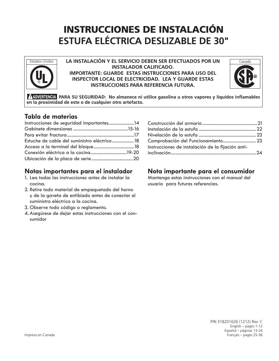 Notas importantes para el instalador, Nota importante para el consumidor, Tabla de materias | Electrolux EI30ES55LW User Manual | Page 13 / 36