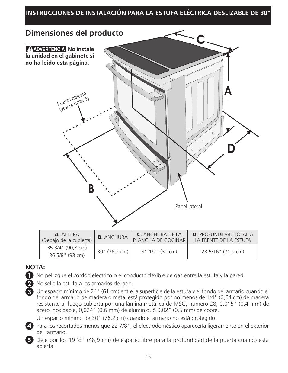 Ad c b, Dimensiones del producto | Electrolux EI30ES55LW User Manual | Page 15 / 36