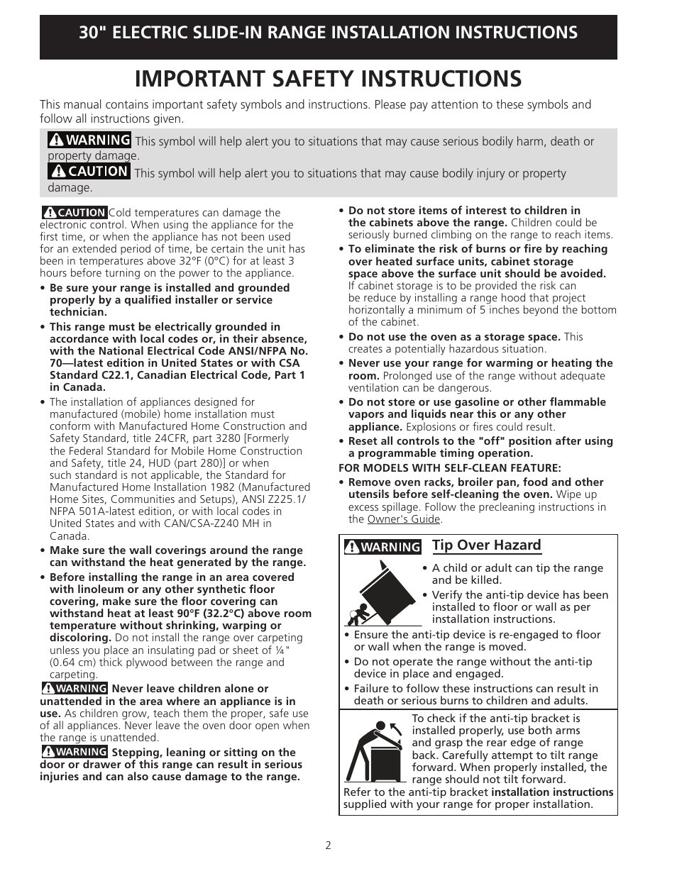 Important safety instructions, Tip over hazard | Electrolux EI30ES55LW User Manual | Page 2 / 36