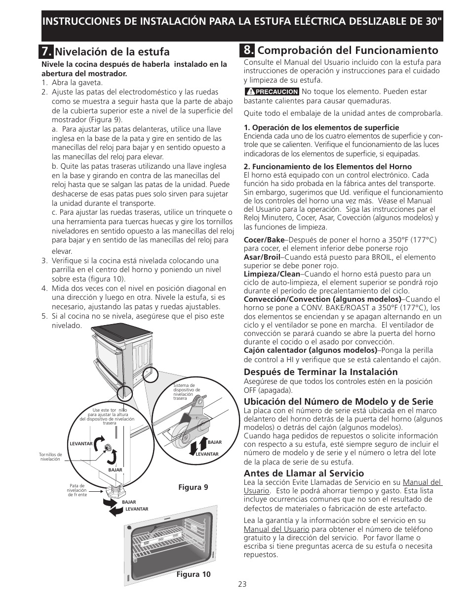 Comprobación del funcionamiento, Nivelación de la estufa, Después de terminar la instalación | Ubicación del número de modelo y de serie, Antes de llamar al servicio | Electrolux EI30ES55LW User Manual | Page 23 / 36