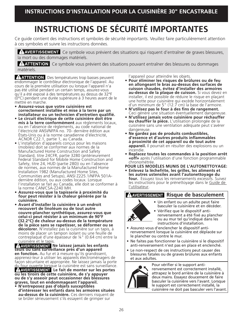 Instructions de sécurité importantes, Risque de basculement | Electrolux EI30ES55LW User Manual | Page 26 / 36