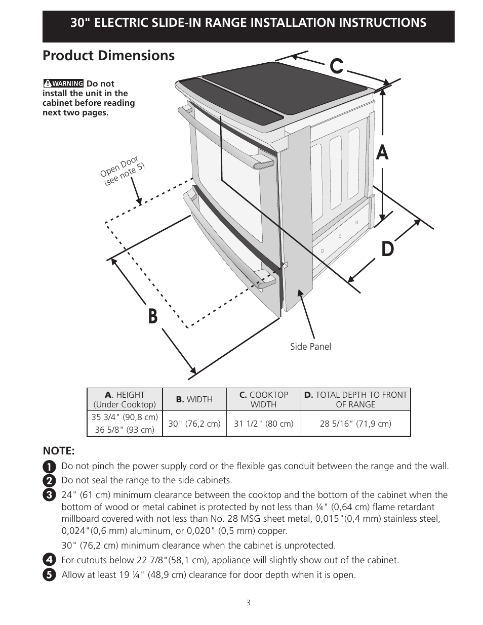 Ad c b, Product dimensions | Electrolux EI30ES55LW User Manual | Page 3 / 36