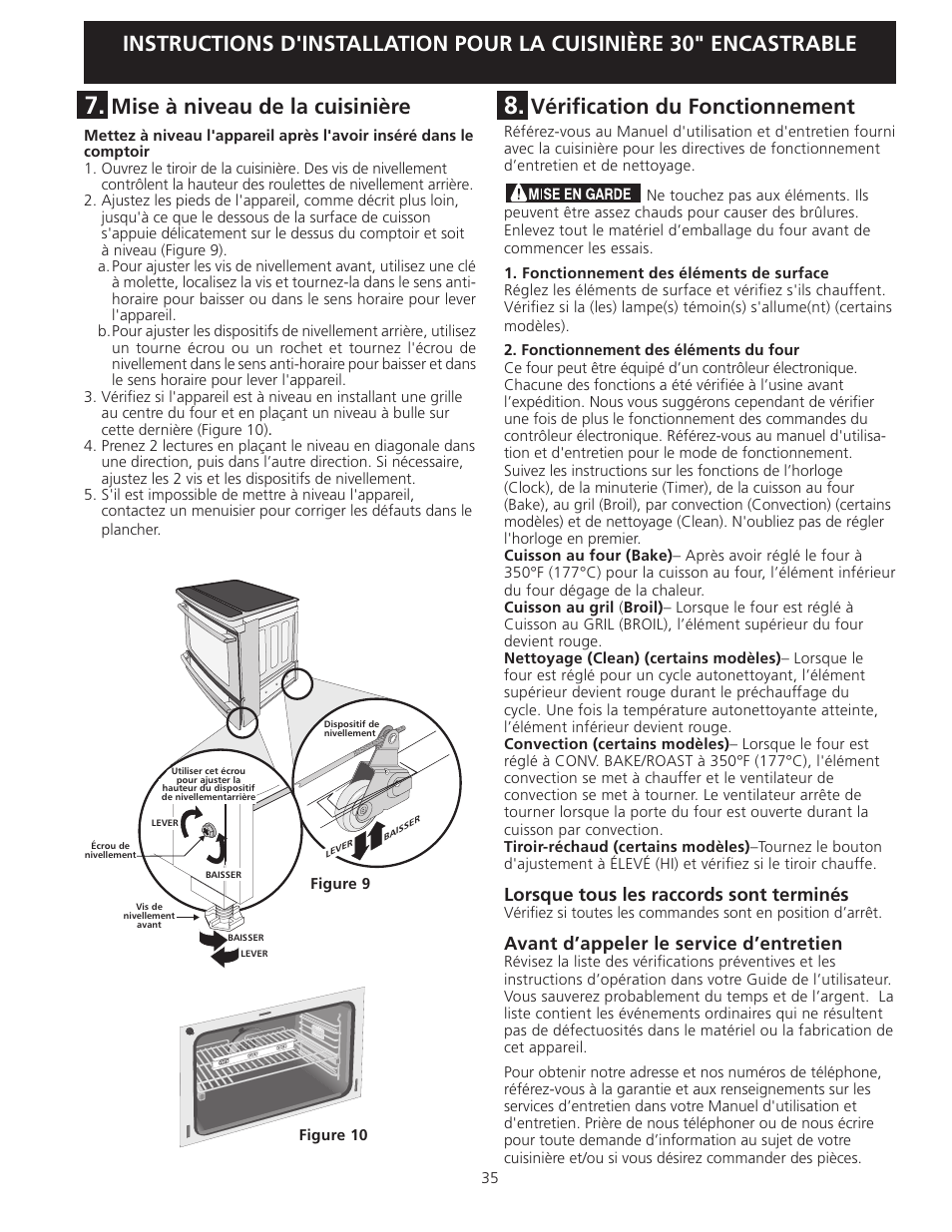 Vérification du fonctionnement, Mise à niveau de la cuisinière, Lorsque tous les raccords sont terminés | Avant d’appeler le service d’entretien | Electrolux EI30ES55LW User Manual | Page 35 / 36