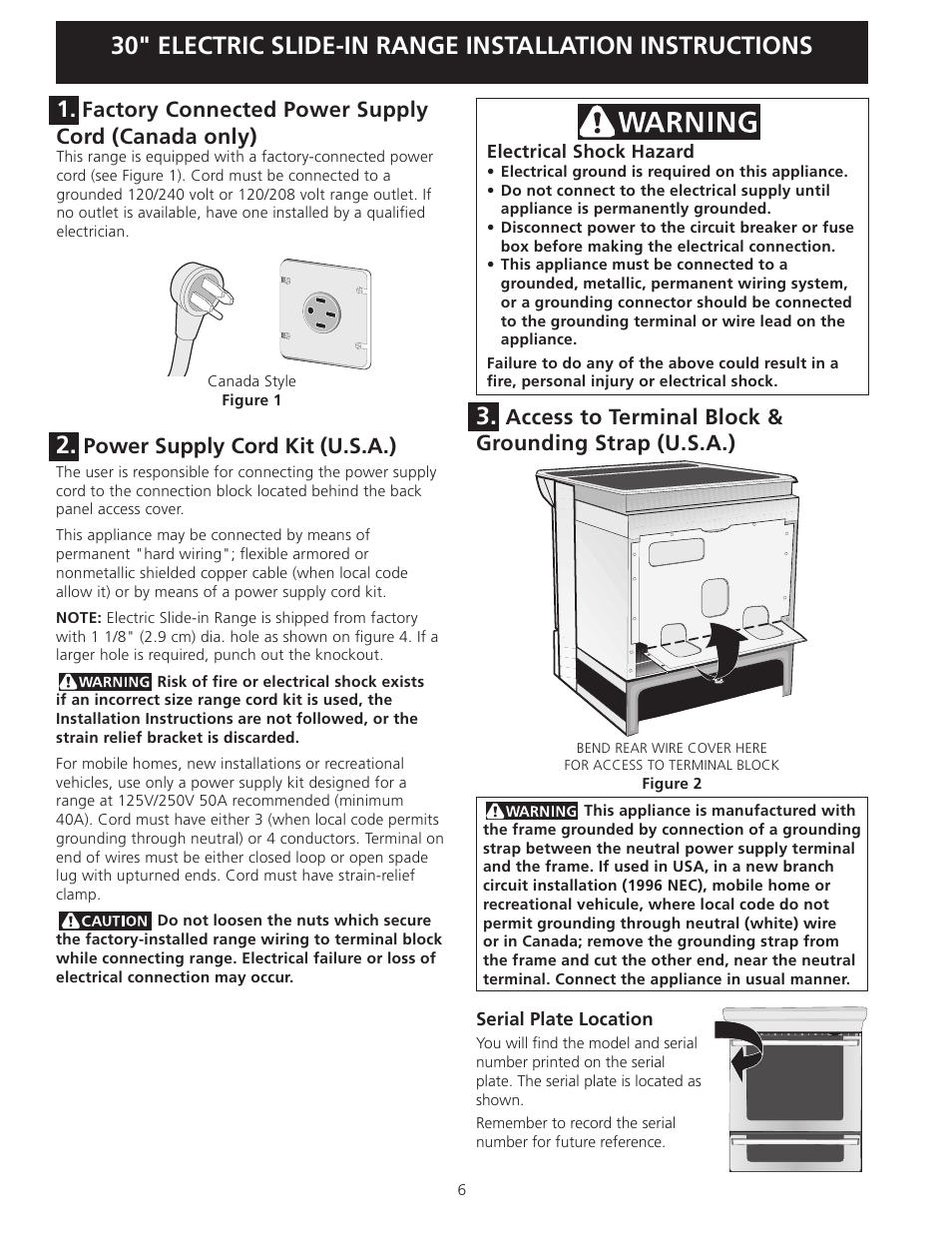 Power supply cord kit (u.s.a.), Factory connected power supply cord (canada only) | Electrolux EI30ES55LW User Manual | Page 6 / 36