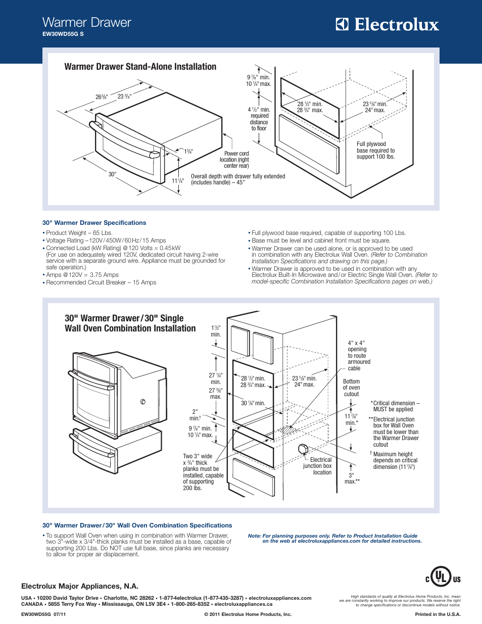 Warmer drawer, Warmer drawer stand-alone installation, Electrolux major appliances, n.a | Electrolux EW30WD55GS User Manual | Page 2 / 6