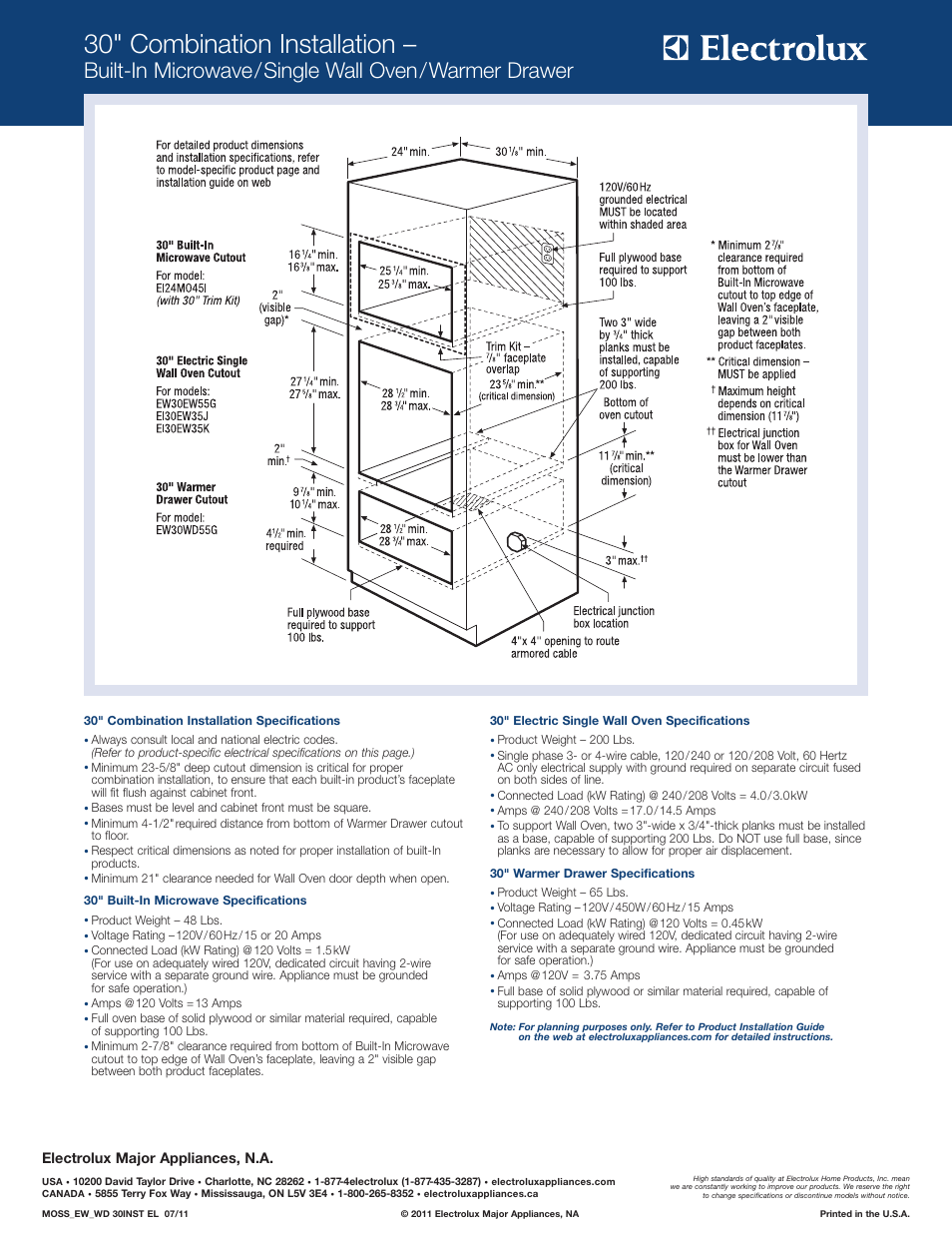 30" combination installation, Built-in microwave/single wall oven/warmer drawer, Electrolux major appliances, n.a | Electrolux EW30WD55GS User Manual | Page 4 / 6