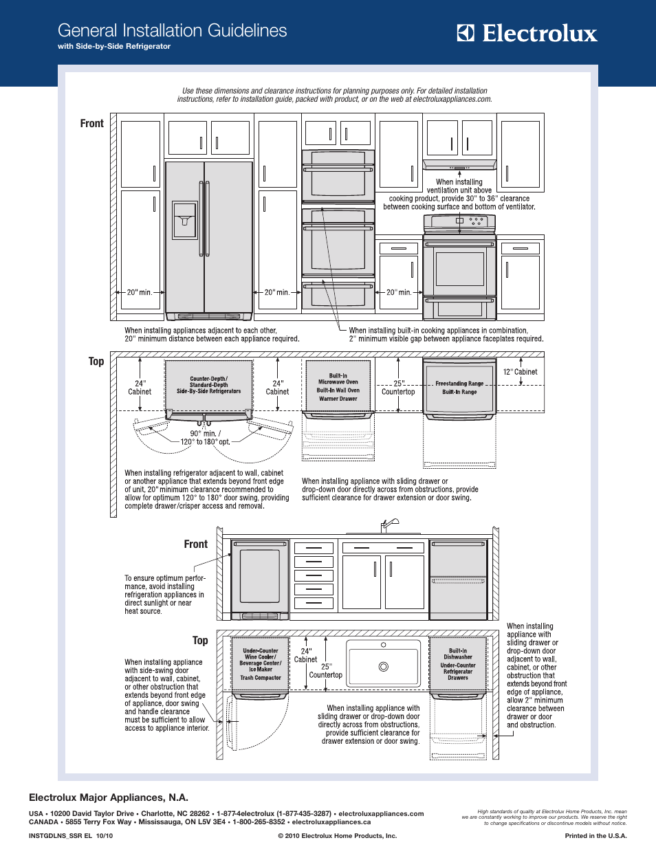 General installation guidelines, Top front front top, Electrolux major appliances, n.a | Electrolux EW30WD55GS User Manual | Page 5 / 6