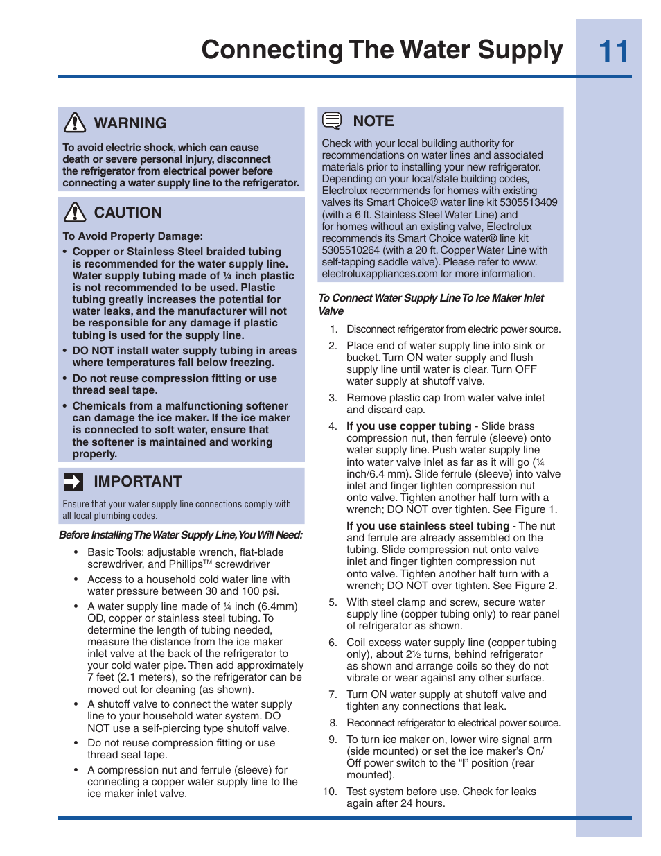 Connecting the water supply, Warning, Important | Caution | Electrolux EW23CS85KS User Manual | Page 11 / 43