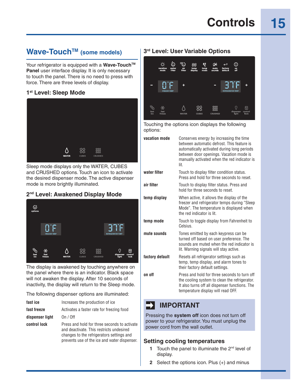 Controls, Wave-touch, Important | Electrolux EW23CS85KS User Manual | Page 15 / 43