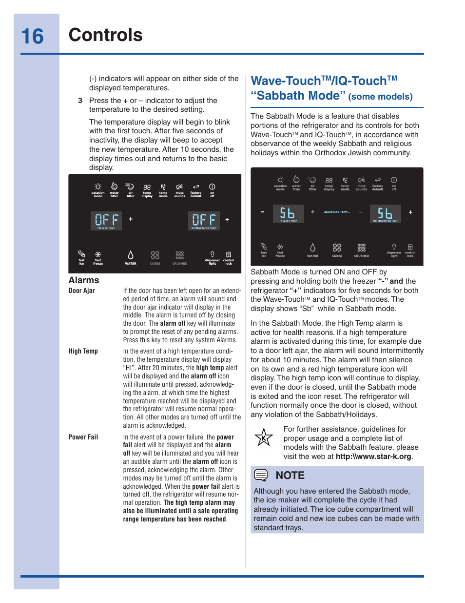 Controls, Wave-touch, Iq-touch | Sabbath mode | Electrolux EW23CS85KS User Manual | Page 16 / 43
