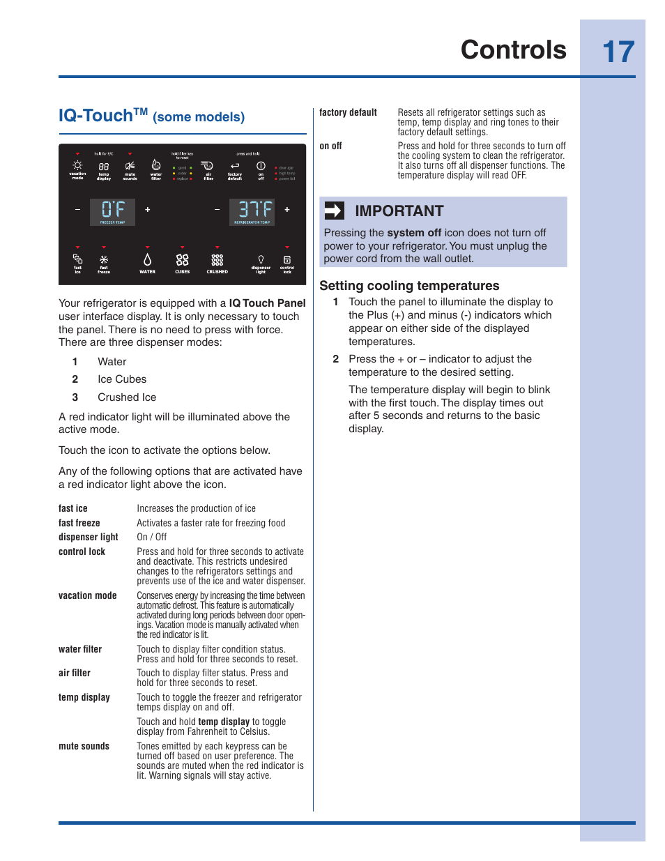 Controls, Iq-touch, Important | Electrolux EW23CS85KS User Manual | Page 17 / 43