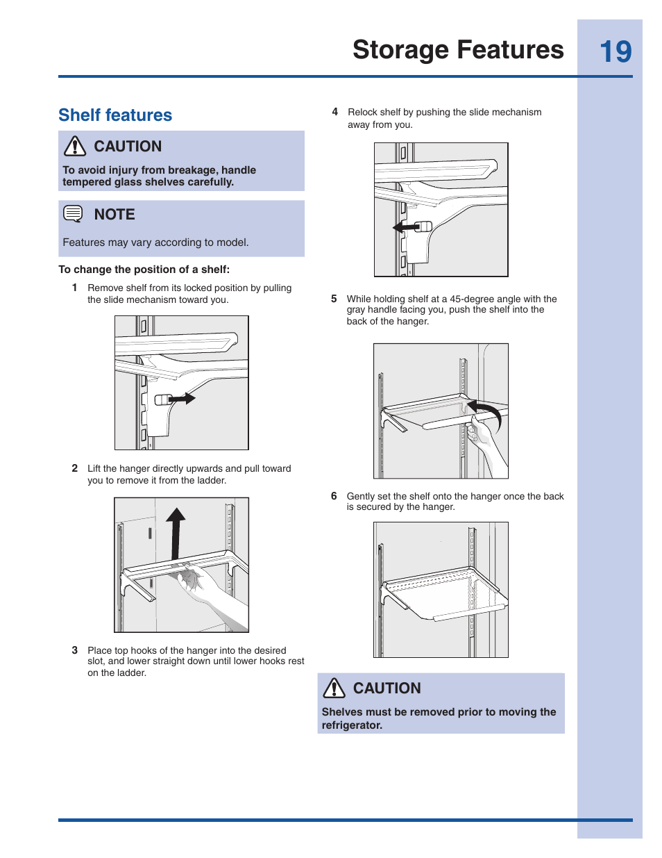 Storage features, Shelf features, Caution | Electrolux EW23CS85KS User Manual | Page 19 / 43