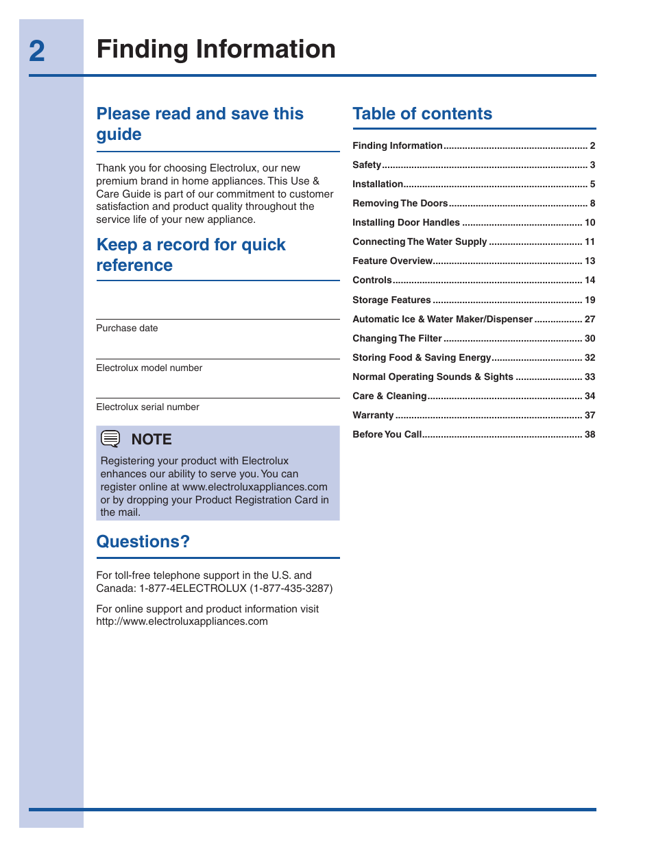 Finding information, Please read and save this guide, Keep a record for quick reference | Table of contents questions | Electrolux EW23CS85KS User Manual | Page 2 / 43