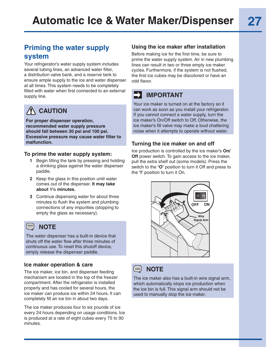 Automatic ice & water maker/dispenser, Priming the water supply system, Important | Caution | Electrolux EW23CS85KS User Manual | Page 27 / 43