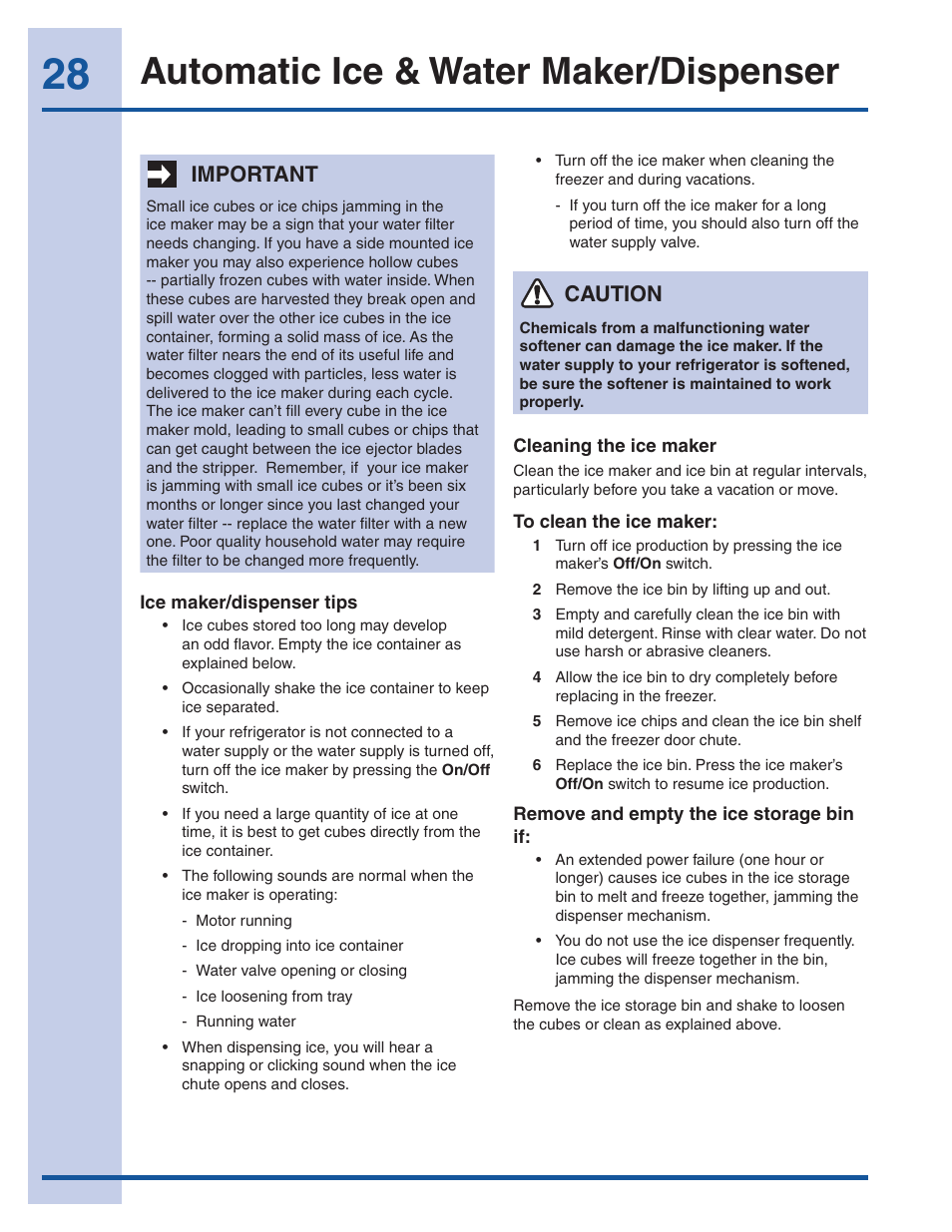 Automatic ice & water maker/dispenser, Important, Caution | Electrolux EW23CS85KS User Manual | Page 28 / 43