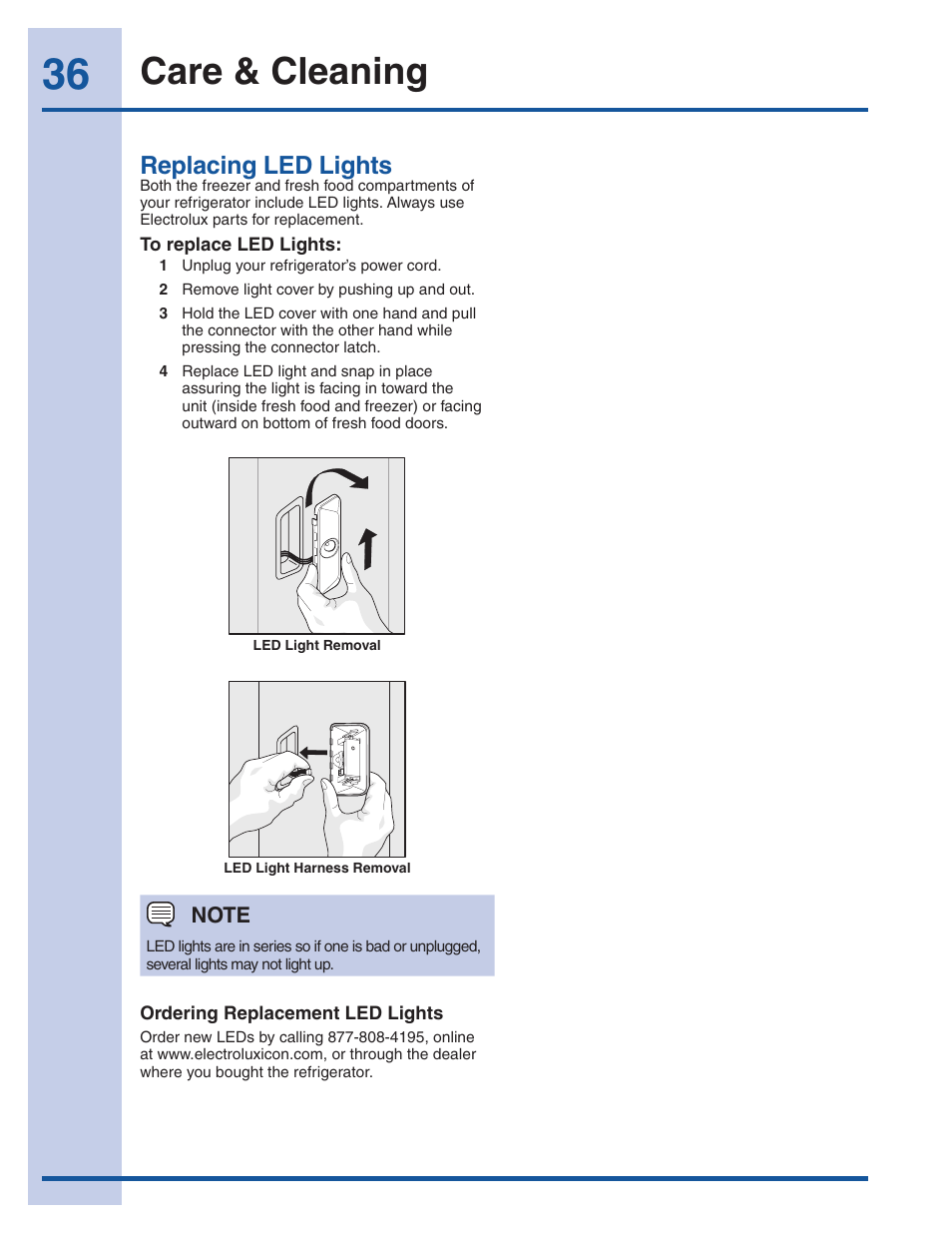 Care & cleaning, Replacing led lights | Electrolux EW23CS85KS User Manual | Page 36 / 43