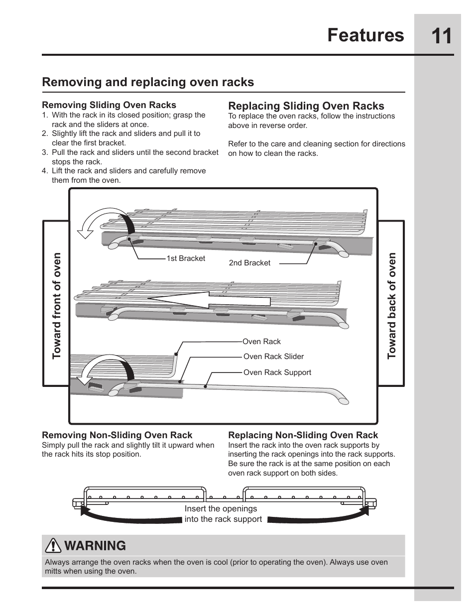 Features, Removing and replacing oven racks, Replacing sliding oven racks | Toward front of oven toward back of oven | Electrolux EW30DS75KS User Manual | Page 11 / 56
