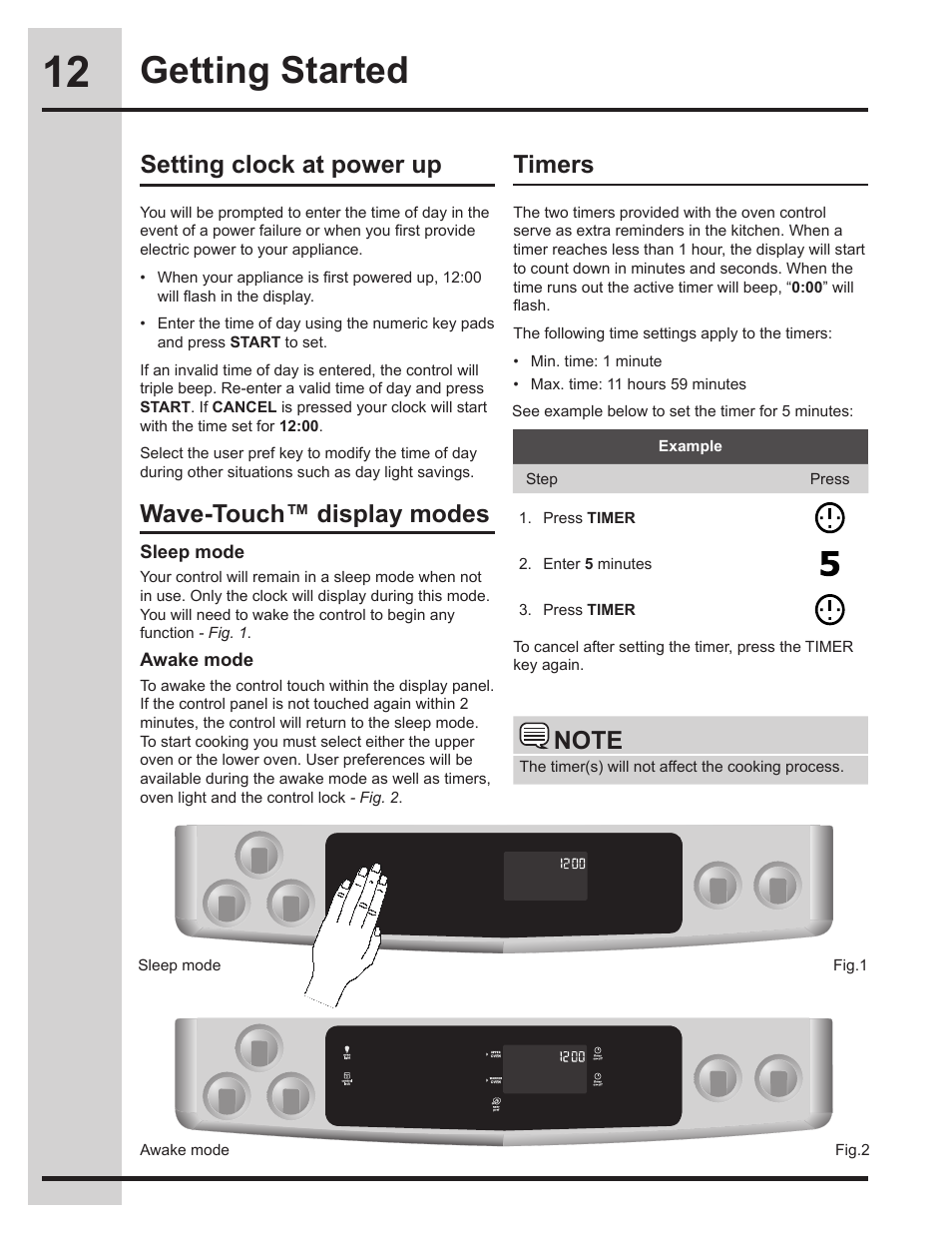 Getting started, Timers, Setting clock at power up | Wave-touch™ display modes | Electrolux EW30DS75KS User Manual | Page 12 / 56