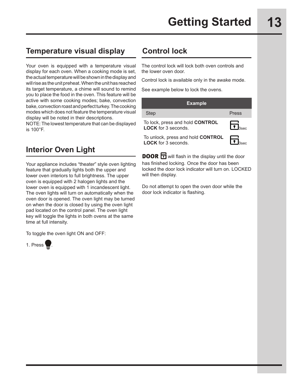 Getting started, Temperature visual display, Interior oven light | Control lock | Electrolux EW30DS75KS User Manual | Page 13 / 56