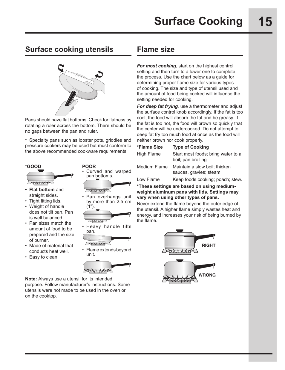 Surface cooking, Surface cooking utensils flame size | Electrolux EW30DS75KS User Manual | Page 15 / 56