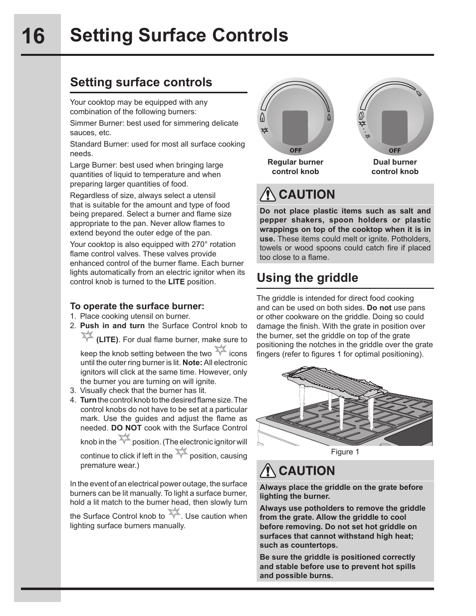 Setting surface controls, Setting surface controls using the griddle | Electrolux EW30DS75KS User Manual | Page 16 / 56