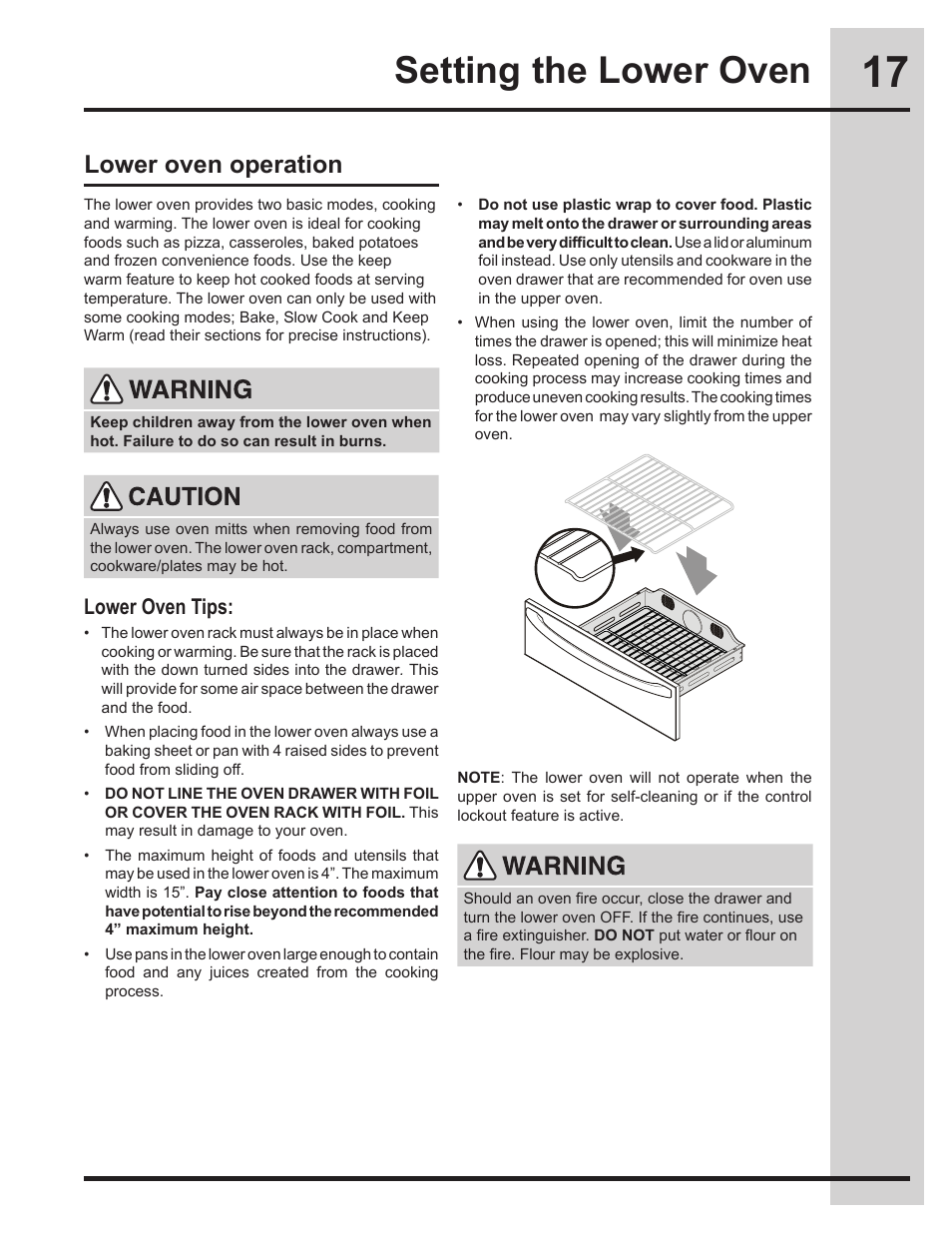 Setting the lower oven, Lower oven operation, Lower oven tips | Electrolux EW30DS75KS User Manual | Page 17 / 56