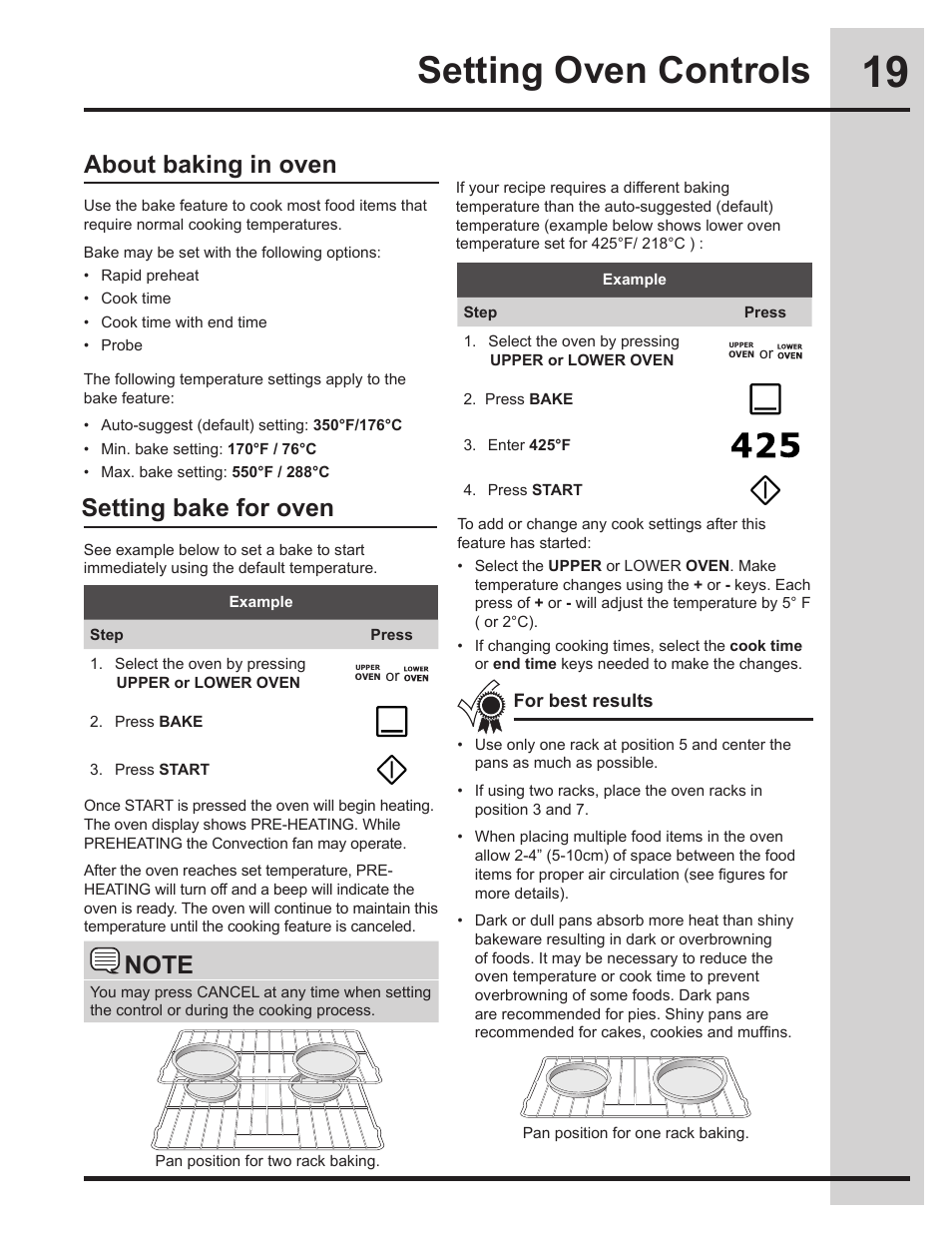 Setting oven controls, Setting bake for oven, About baking in oven | Electrolux EW30DS75KS User Manual | Page 19 / 56