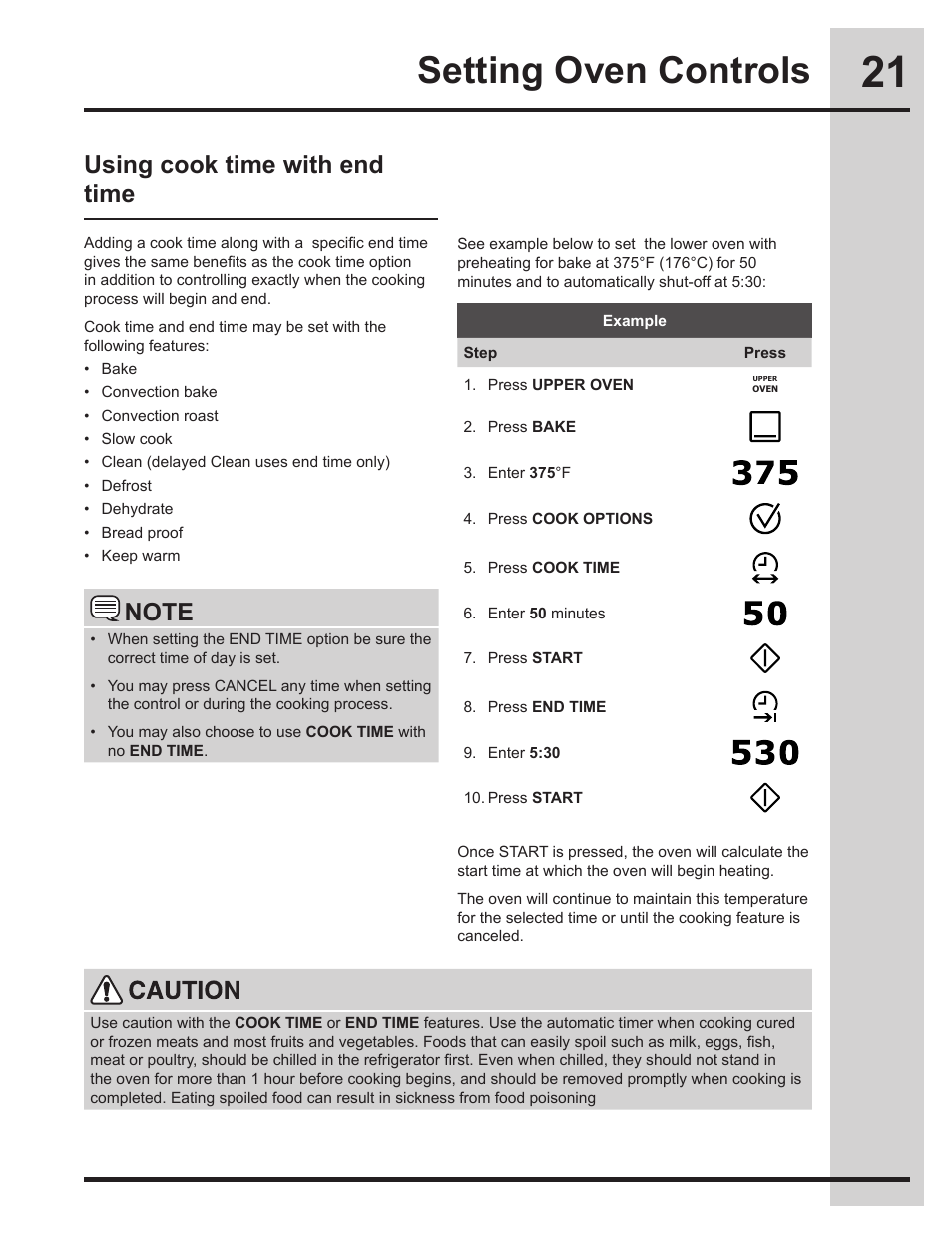Setting oven controls, Using cook time with end time | Electrolux EW30DS75KS User Manual | Page 21 / 56
