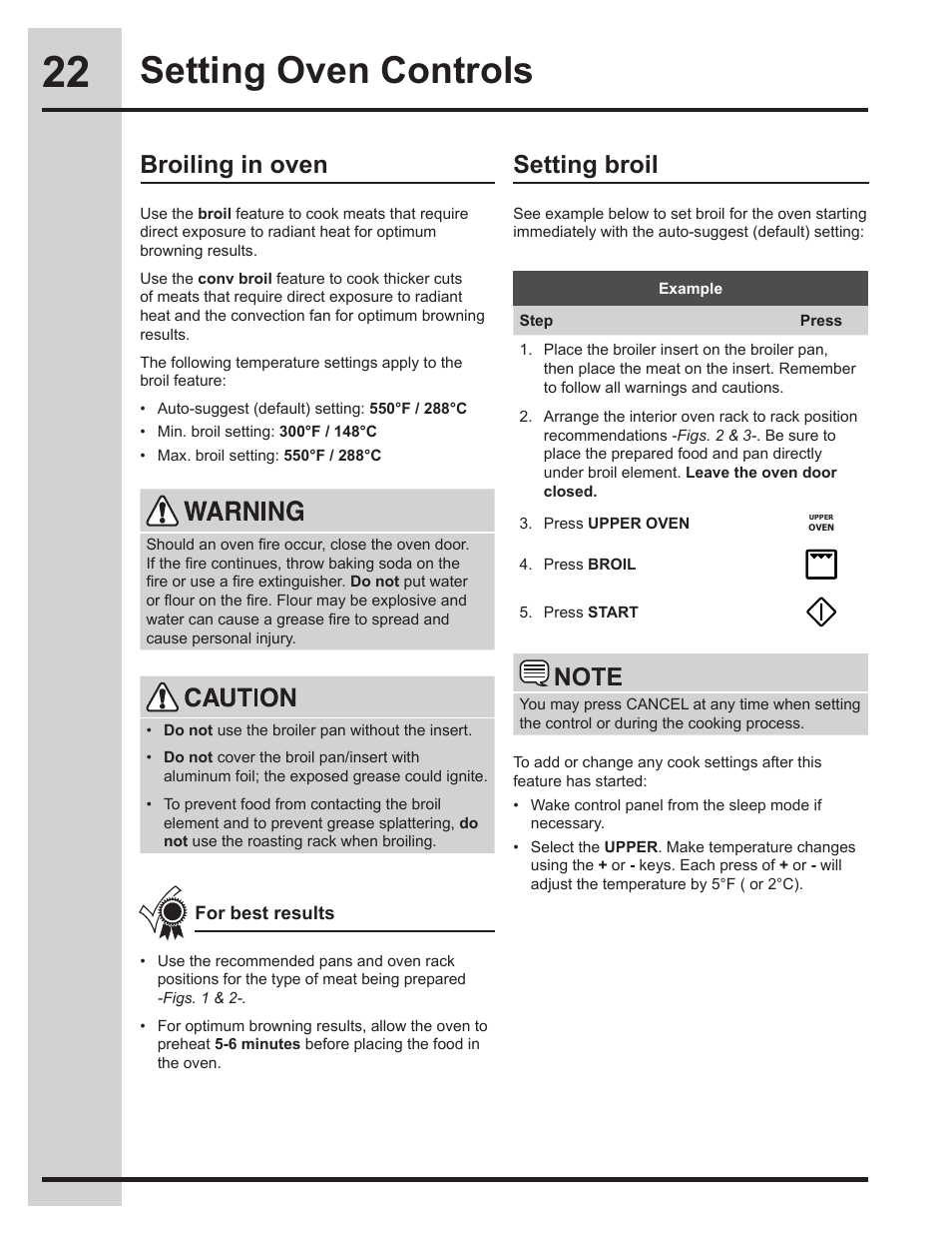 Setting oven controls, Broiling in oven, Setting broil | Electrolux EW30DS75KS User Manual | Page 22 / 56