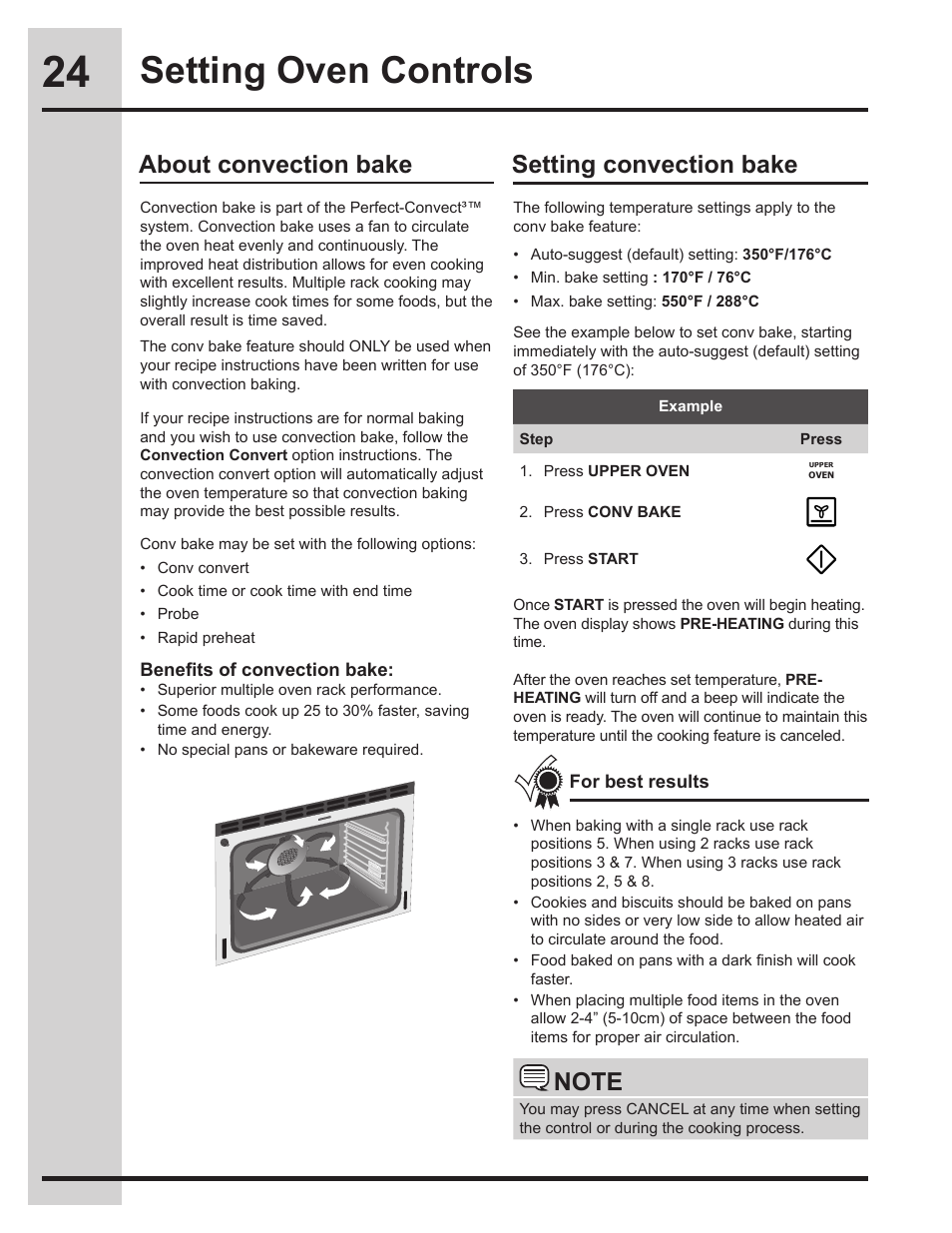 Setting oven controls, About convection bake setting convection bake | Electrolux EW30DS75KS User Manual | Page 24 / 56