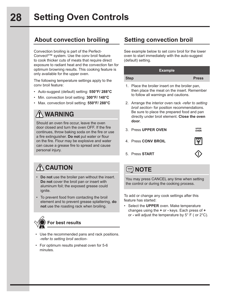 Setting oven controls, About convection broiling, Setting convection broil | Electrolux EW30DS75KS User Manual | Page 28 / 56