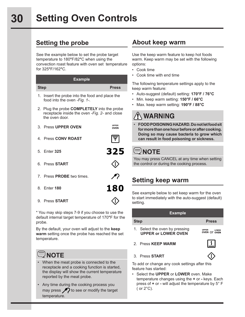 Setting oven controls, Setting the probe, About keep warm setting keep warm | Electrolux EW30DS75KS User Manual | Page 30 / 56