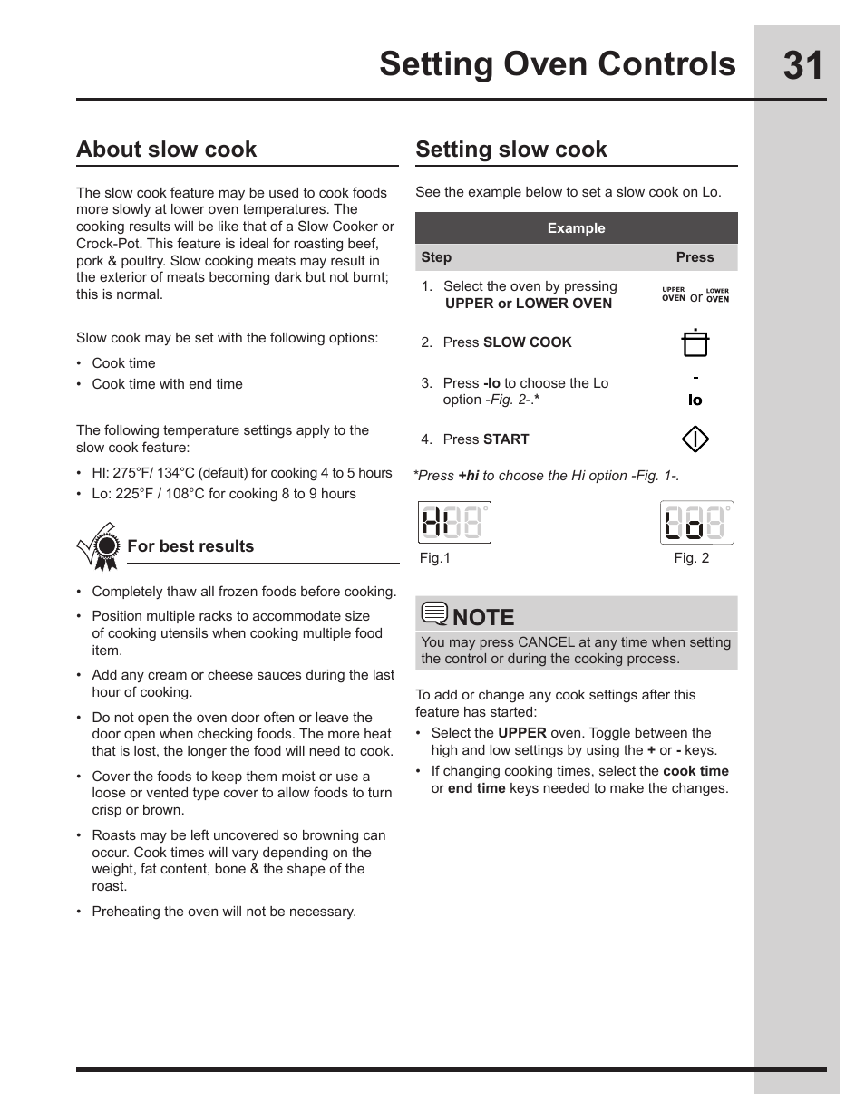 Setting oven controls, About slow cook setting slow cook | Electrolux EW30DS75KS User Manual | Page 31 / 56
