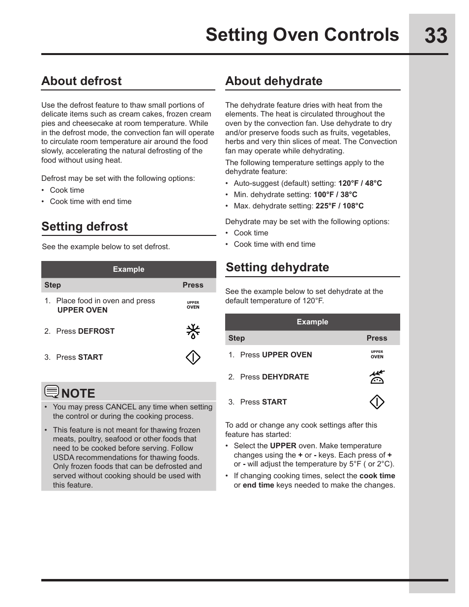 Setting oven controls, About dehydrate, About defrost setting defrost | Setting dehydrate | Electrolux EW30DS75KS User Manual | Page 33 / 56