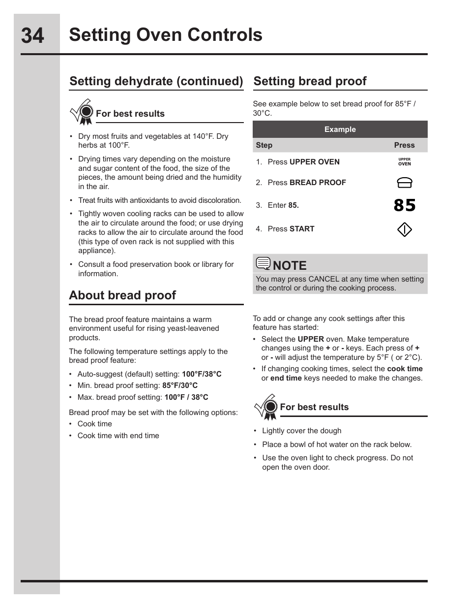 Setting oven controls, Setting bread proof, About bread proof | Setting dehydrate (continued) | Electrolux EW30DS75KS User Manual | Page 34 / 56