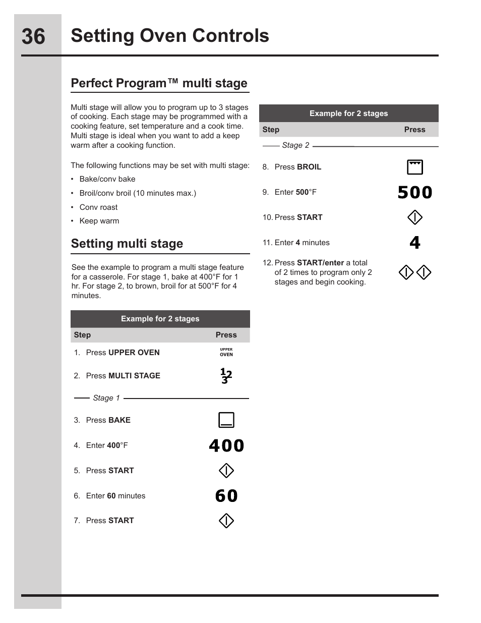 Setting oven controls, Setting multi stage, Perfect program™ multi stage | Electrolux EW30DS75KS User Manual | Page 36 / 56