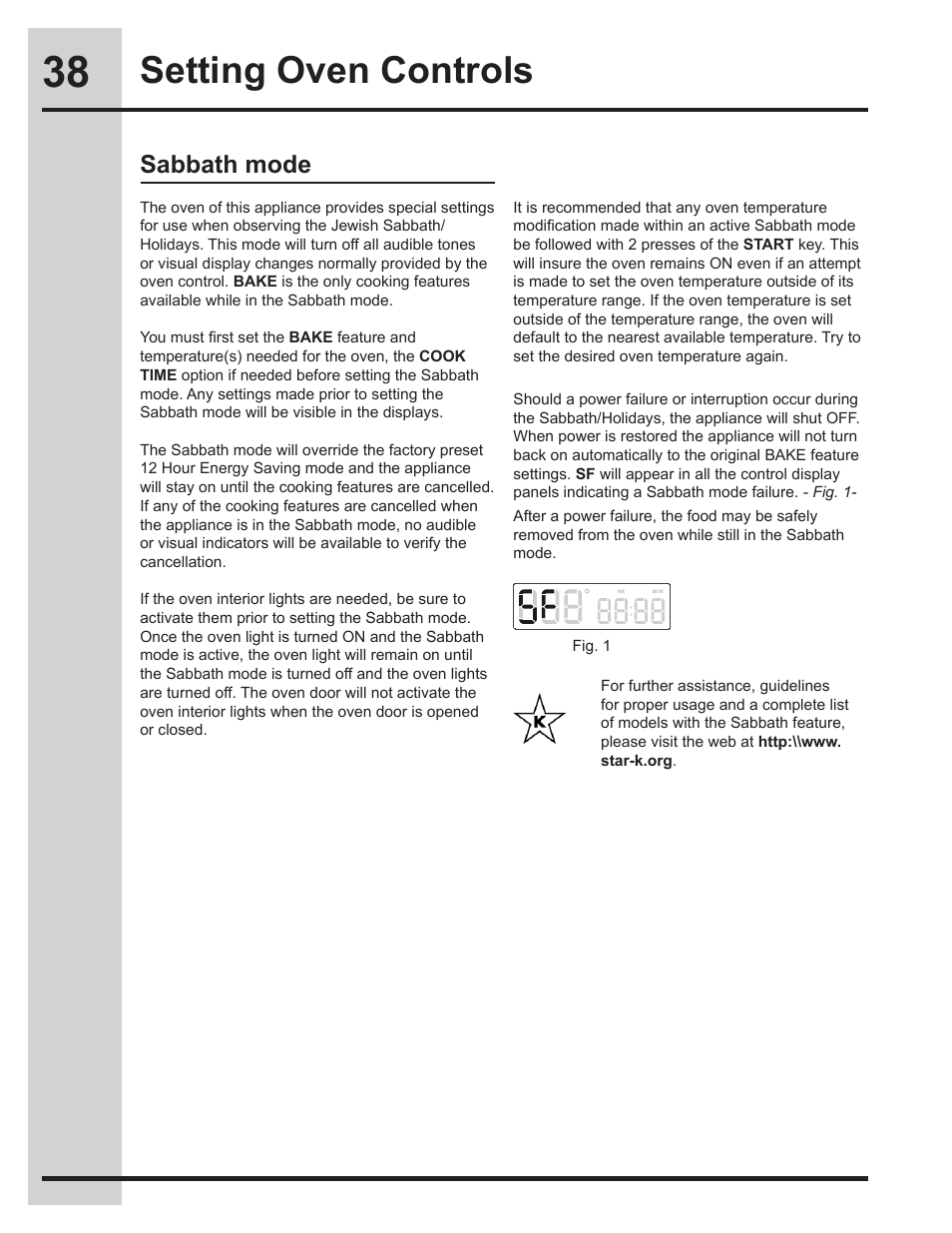 Setting oven controls, Sabbath mode | Electrolux EW30DS75KS User Manual | Page 38 / 56