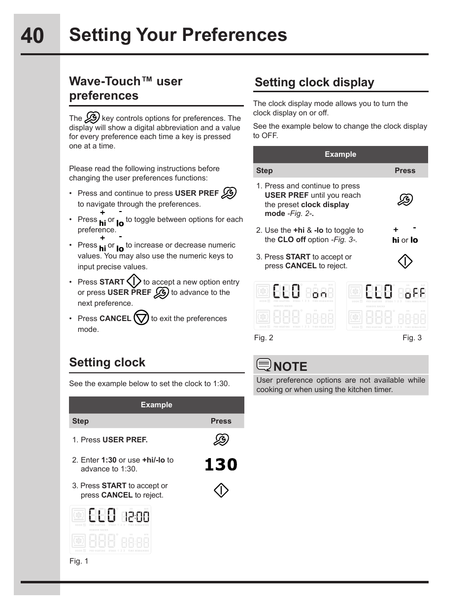 Setting your preferences, Setting clock display, Wave-touch™ user preferences | Setting clock | Electrolux EW30DS75KS User Manual | Page 40 / 56