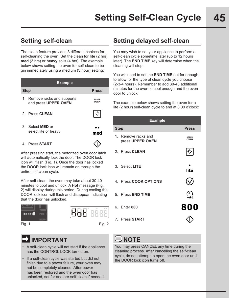 Setting self-clean cycle, Setting self-clean, Setting delayed self-clean | Important | Electrolux EW30DS75KS User Manual | Page 45 / 56